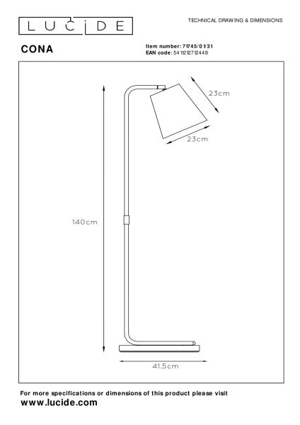 Lucide CONA - Floor lamp - 1xE27 - White - technical